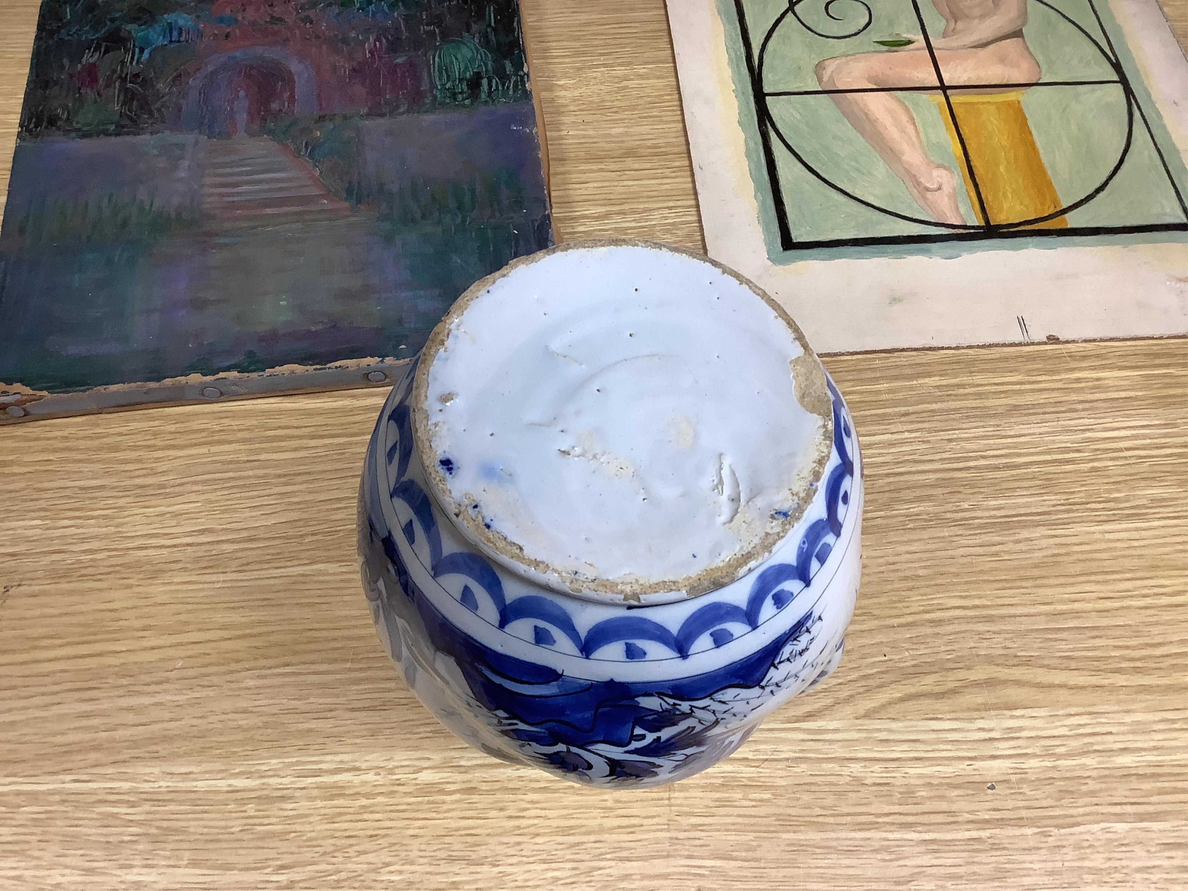 An 18th century Delft jug, another tin glazed dish, a Worcester Hanbury dish and five pieces of Copeland Spode Italian blue and white, tallest 22.5cm